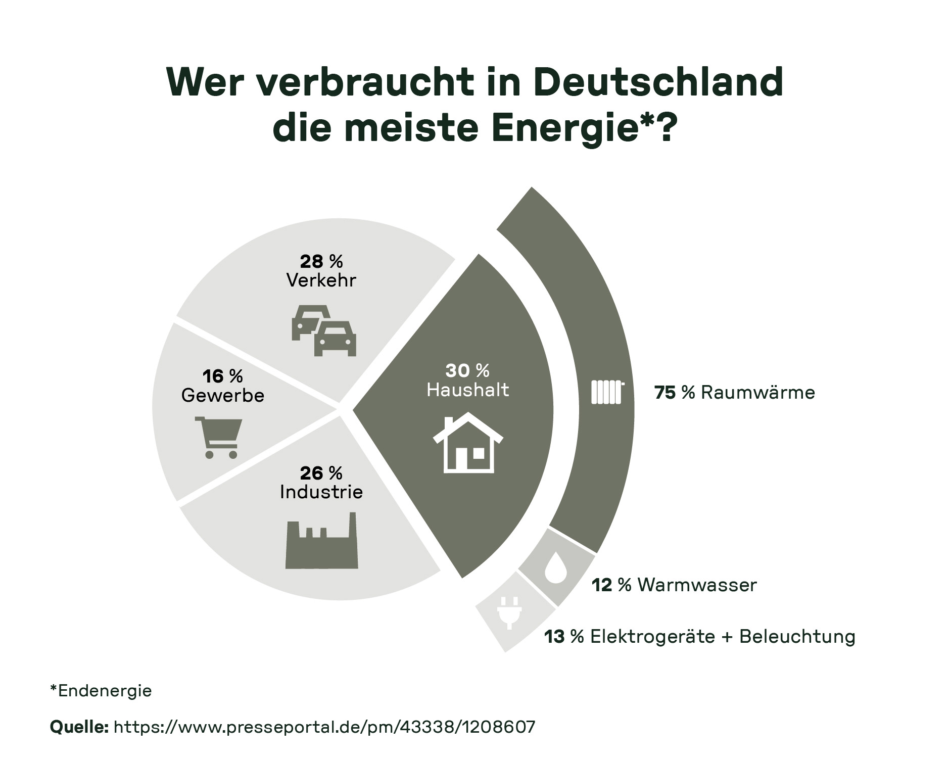 Kreisdiagramm zur Endenergieverteilung in Deutschland mit Fokus auf Haushalte; 30 % des Gesamtverbrauchs entfallen auf Haushalte, davon 75 % auf Raumwärme – Hinweis auf hohe Relevanz günstiger Wärmepumpen zur Heizkostensenkung.