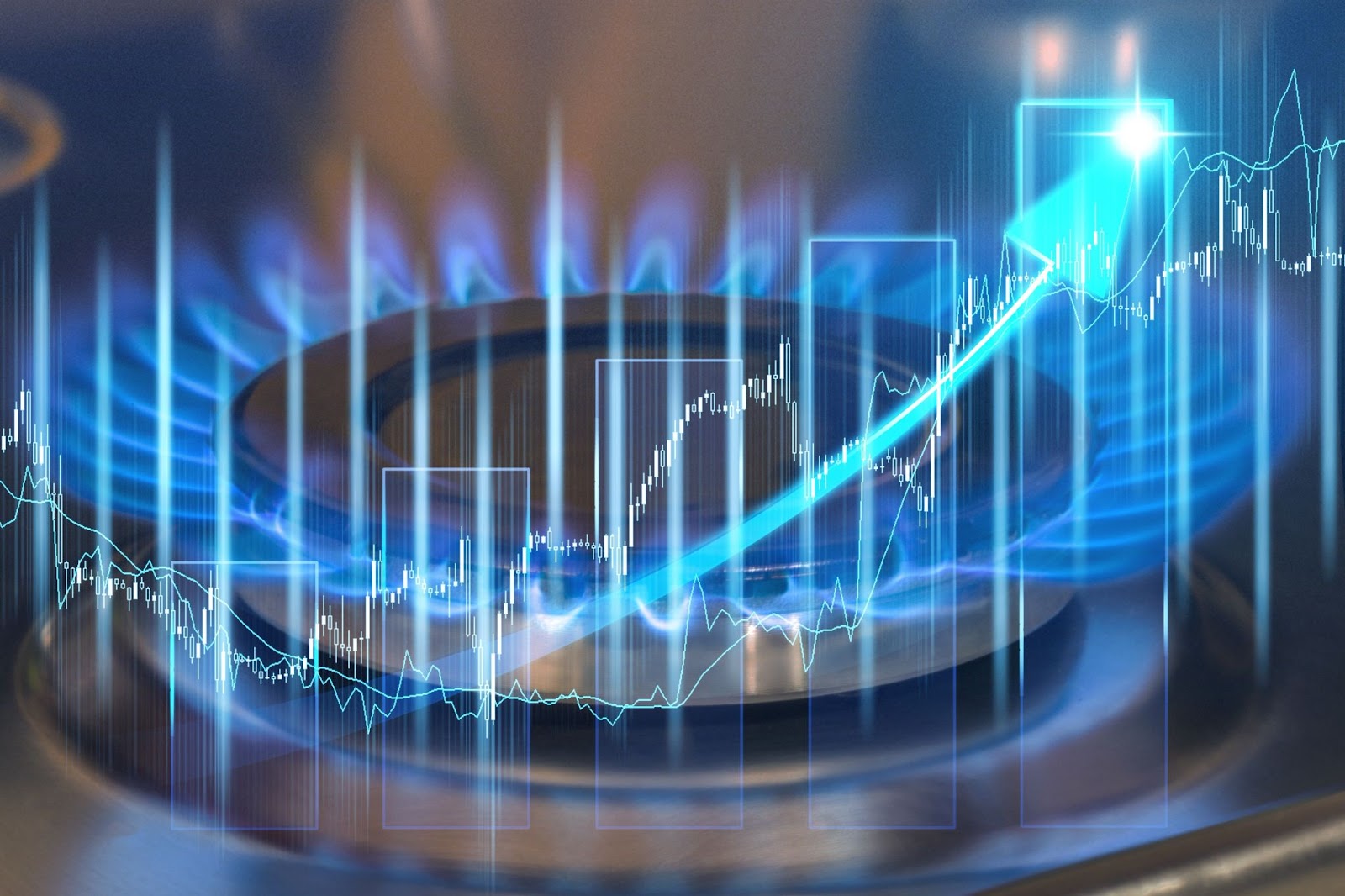 Blaue Gasflamme und stilisierte Preiskurve.