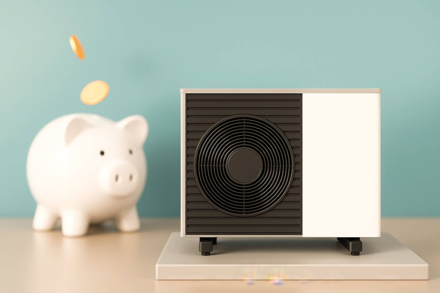 Sparschwein und Wärmepumpe – Bildmotiv für Investition, Förderung oder Finanzierung moderner Heiztechnik.