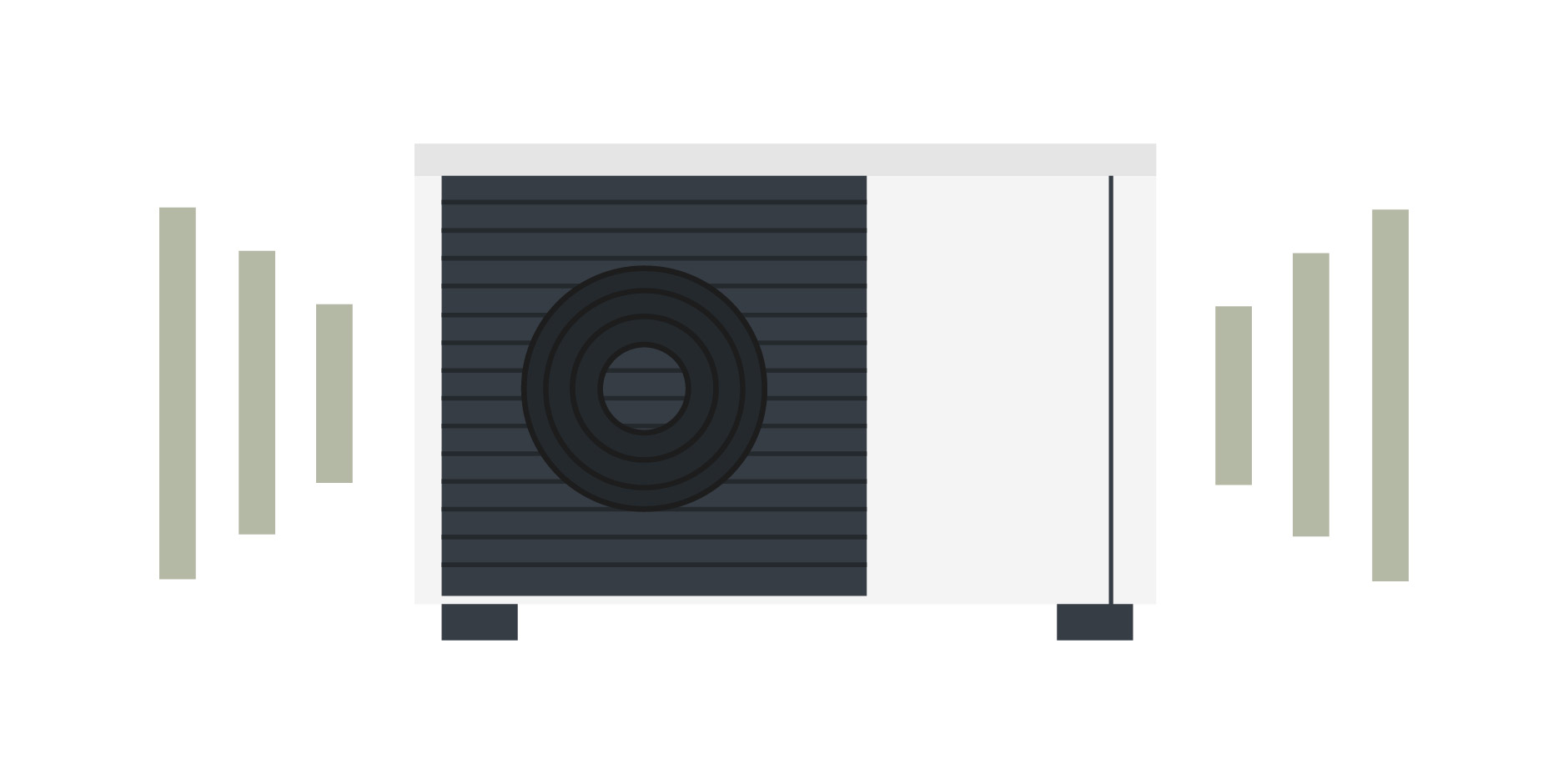 Symbolgrafik einer Wärmepumpe mit abstrahlenden Geräuschwellen zur Darstellung der Lärmemission.