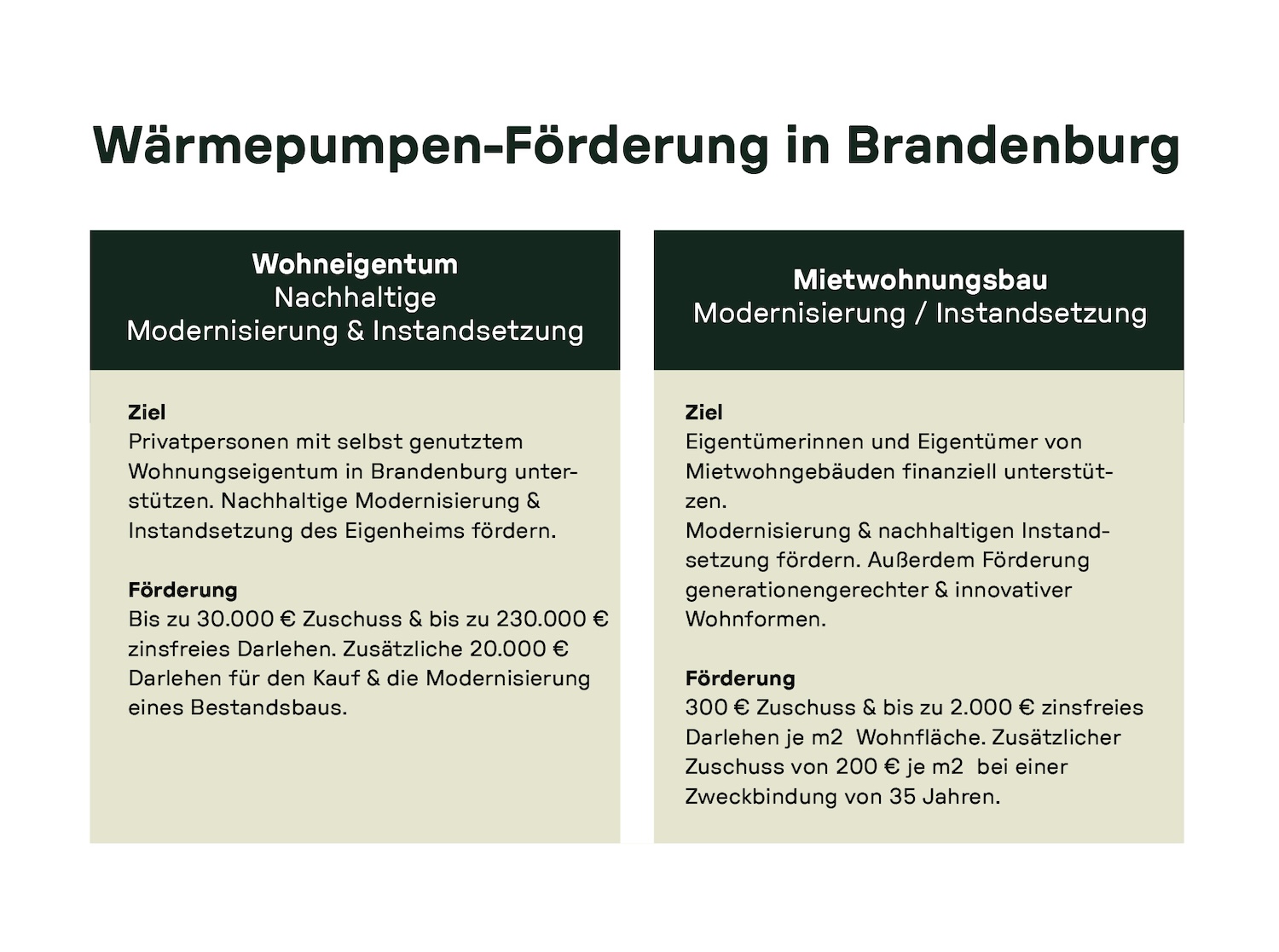 Infografik zur Wärmepumpen-Förderung in Brandenburg mit zwei Spalten: Förderung für Wohnungseigentum mit Zuschuss bis 30.000 Euro und zinsfreiem Darlehen bis 230.000 Euro sowie Förderung für Mietwohnungsbau mit 300 Euro Zuschuss pro Quadratmeter und zusätzlichem Bonus bei Zweckbindung.