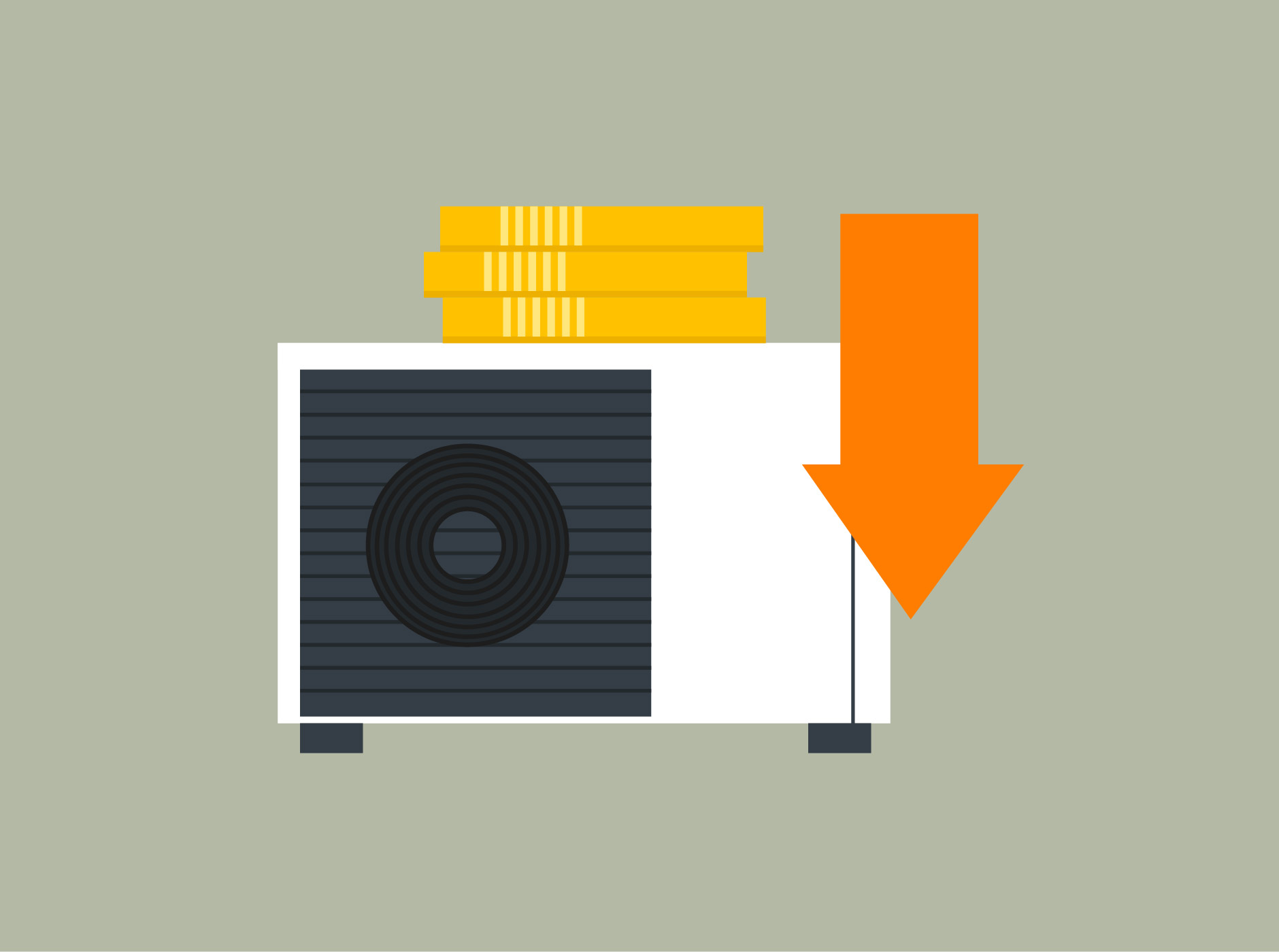 Illustration einer Wärmepumpe mit Geldsymbolen und großem Pfeil nach unten – Hinweis auf reduzierte Anschaffungskosten durch Miete.