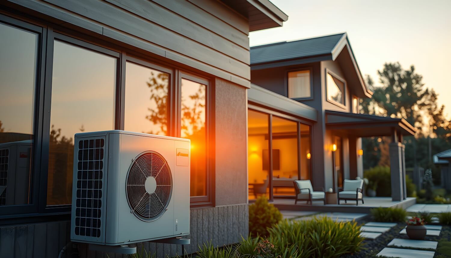 Wärmepumpe im Garten eines Hauses