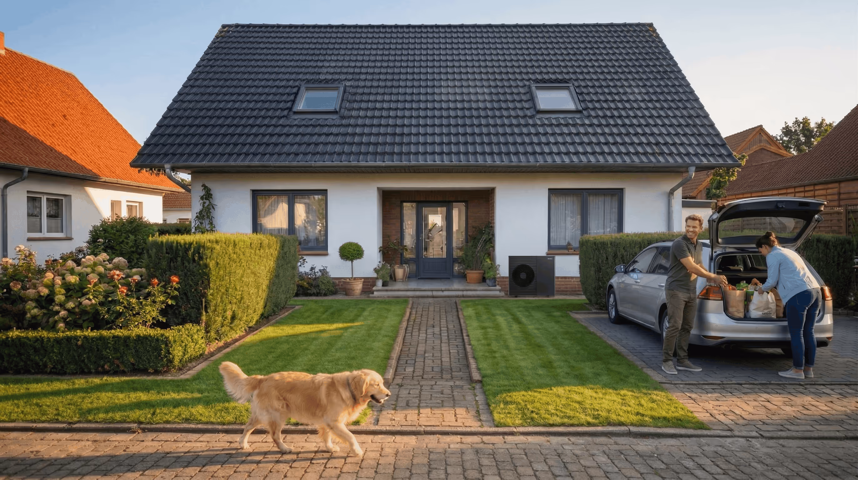 Einfamilienhaus mit Wärmepumpe im Vorgarten, Familie mit Hund vor dem Auto