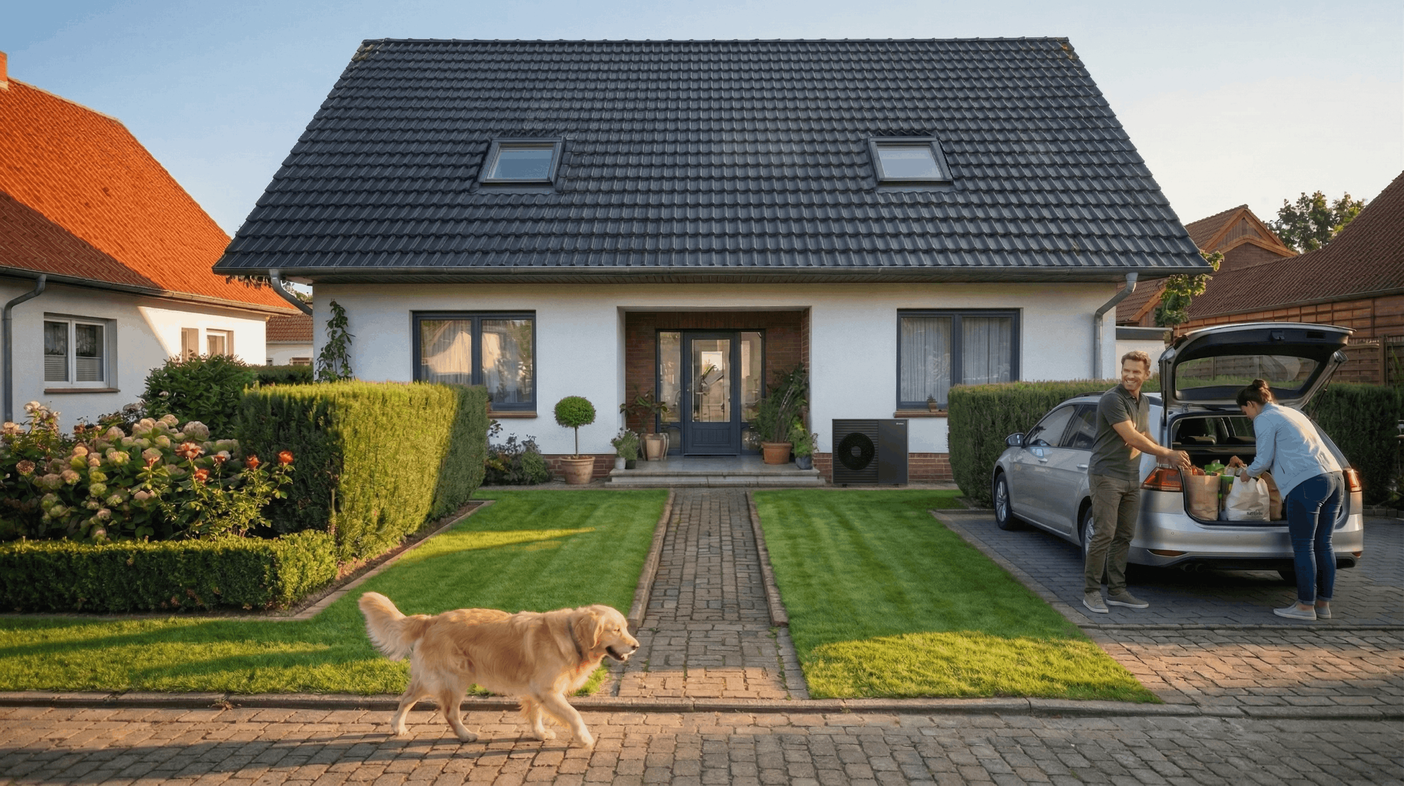 Einfamilienhaus mit Wärmepumpe im Vorgarten, Familie mit Hund vor dem Auto