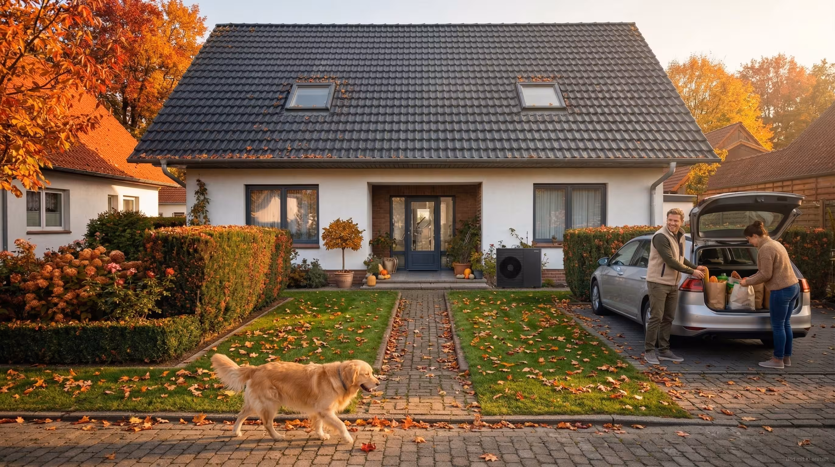 Einfamilienhaus im Herbst mit Wärmepumpe, Auto und Familie mit Hund im Vorgarten