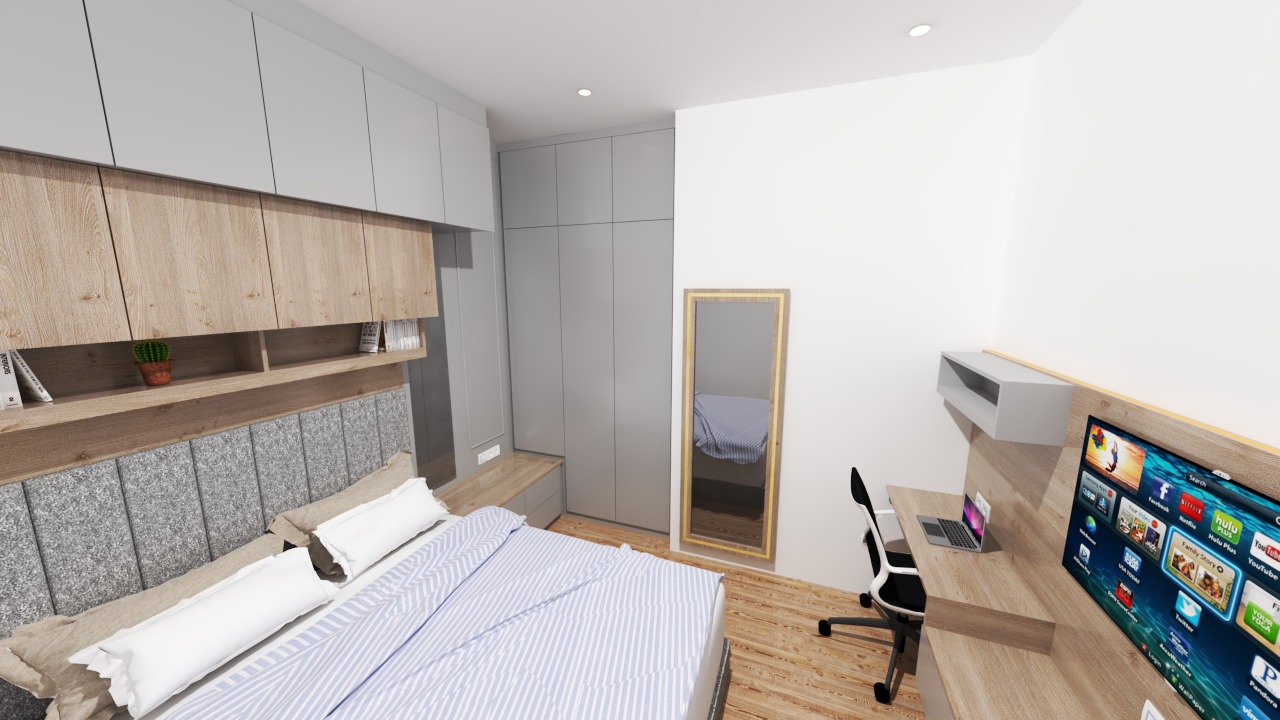 Minimalist Guest Room Featuring Light Grey Walls and Brown HPL Elements