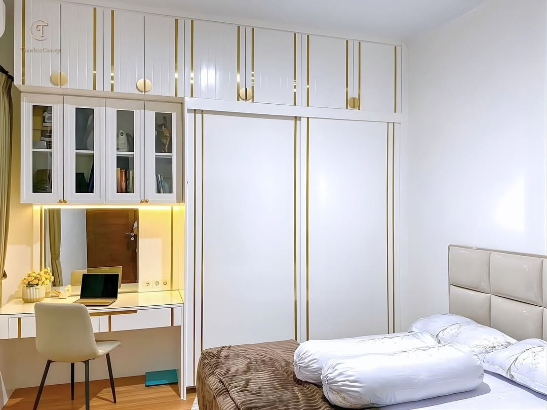 Elegant Master Bedroom : Luxurious Sliding Wardrobe, Modern LED Dressing Table, & Super Practical Hidden Mirror Storage!