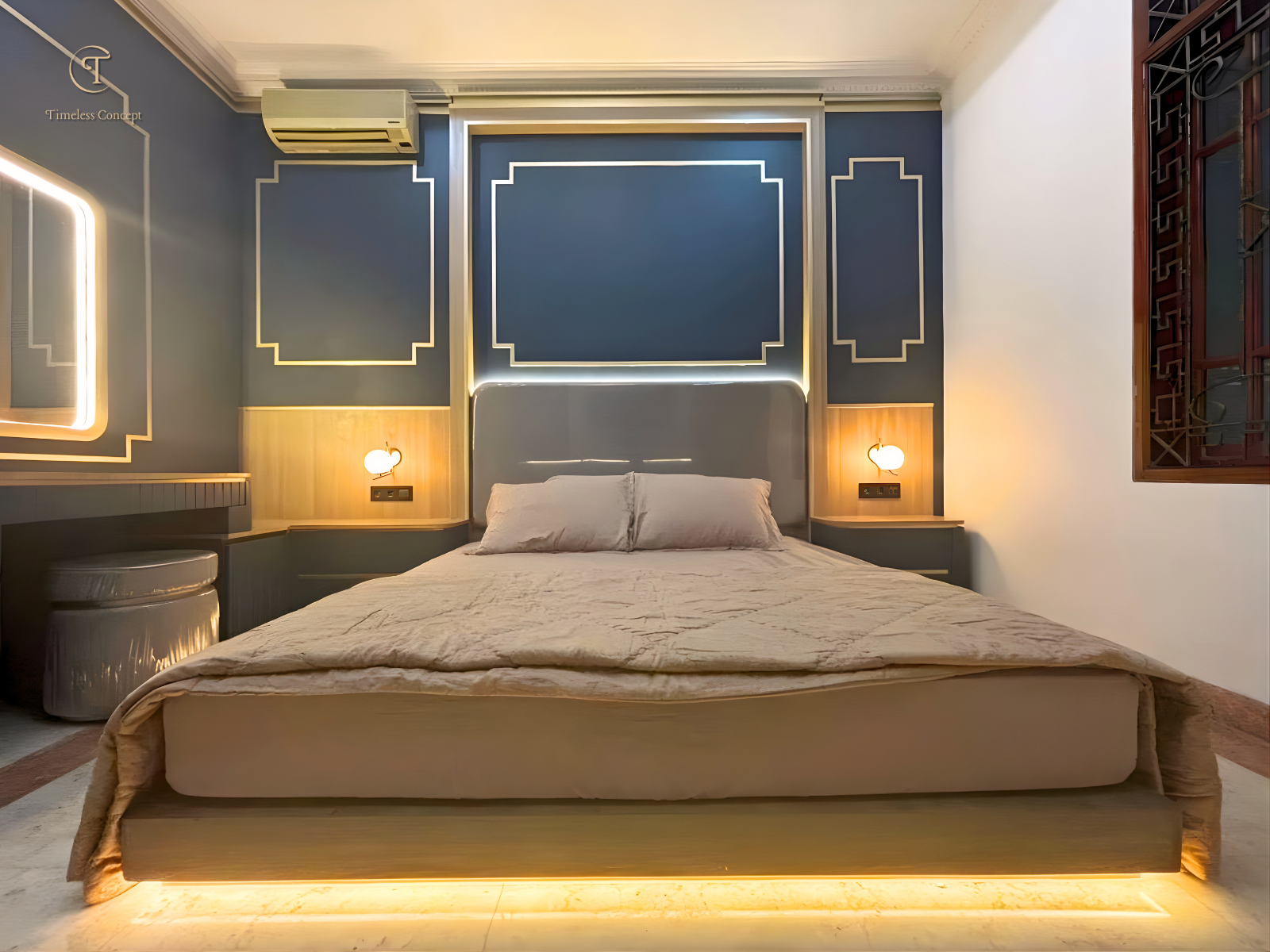 A Modern Luxury Bedroom Defined by Custom Furniture, Gold Accents, and Thoughtful Lighting
