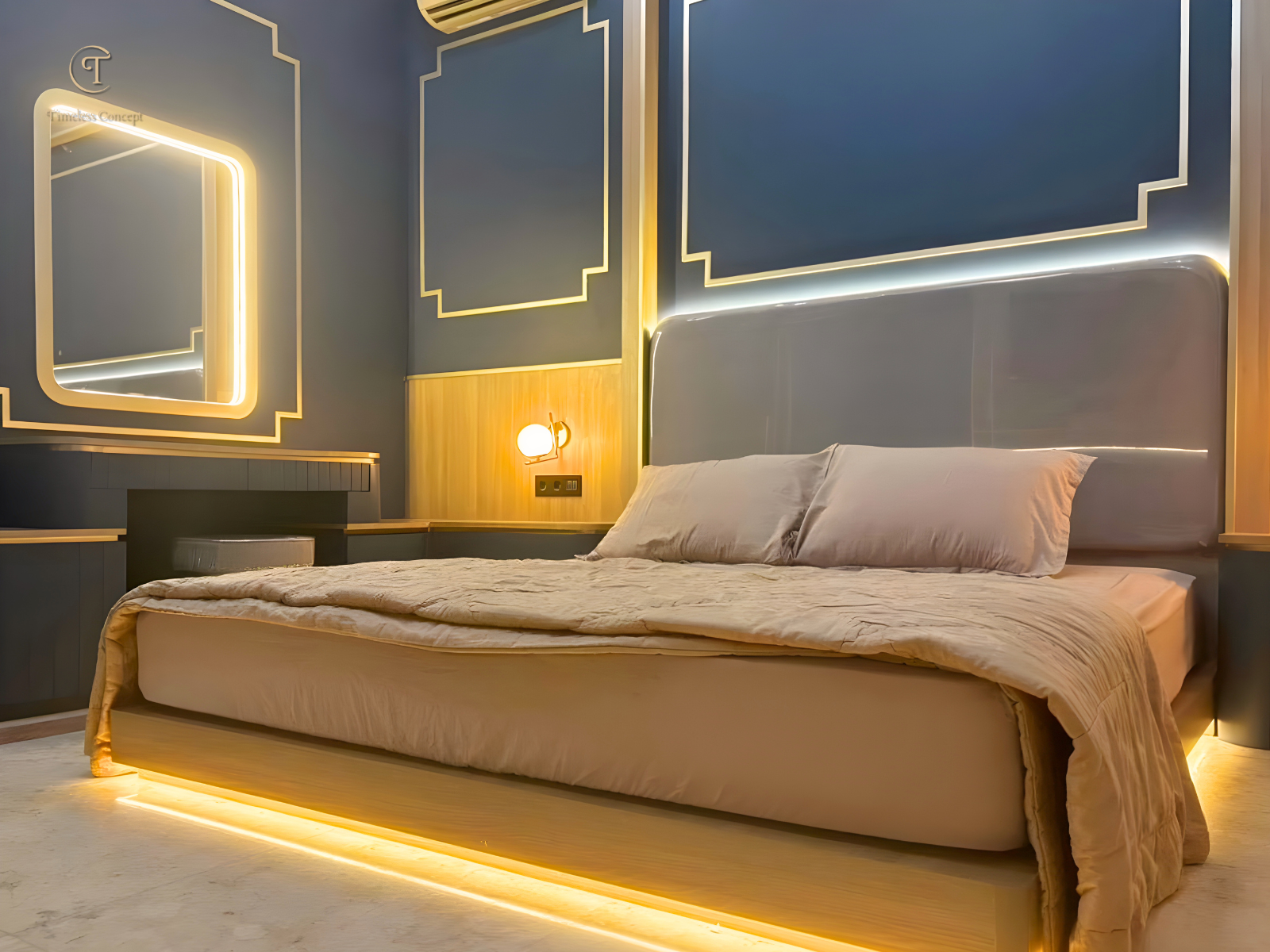 A modern luxury bedroom defined by meticulously crafted custom furniture, elegant gold accents, and thoughtfully layered lighting that work together to create a refined, warm, and timeless living space.