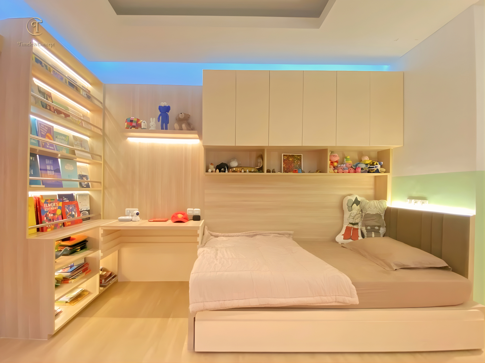 Kids’ Bedroom with Custom Furniture, Integrated Bookshelves, and a Sliding Door That Creates a Neater, More Flexible, and Com