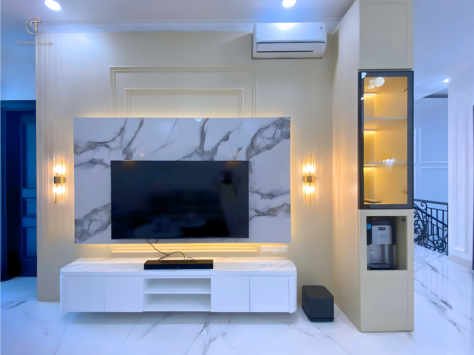 Transforming Your Living Room with a Marble TV Wall, Elegant Wall Panels, and Warm Lighting to Make Your Home Feel More Luxur