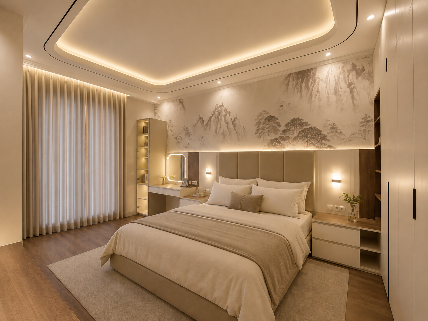 Discover a warm minimalist bedroom with timeless elegance. Explore modern interior design ideas featuring warm lighting, natu