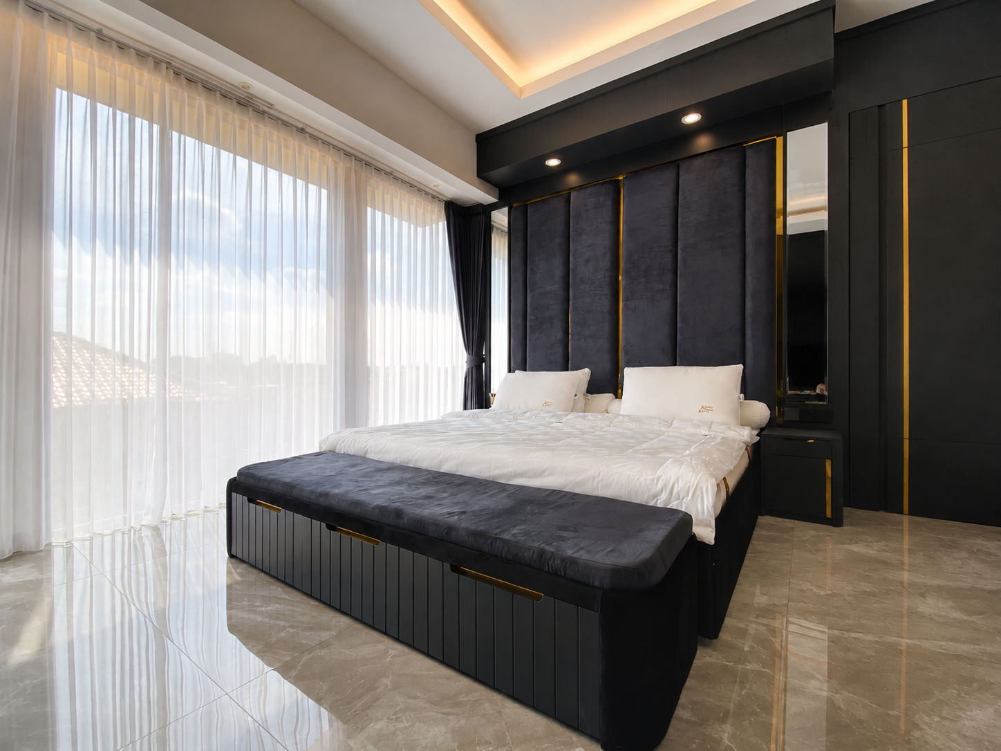 Elegant modern luxury master bedroom featuring refined interiors, premium materials, sophisticated details, and a warm contemporary atmosphere for a timeless and comfortable retreat.