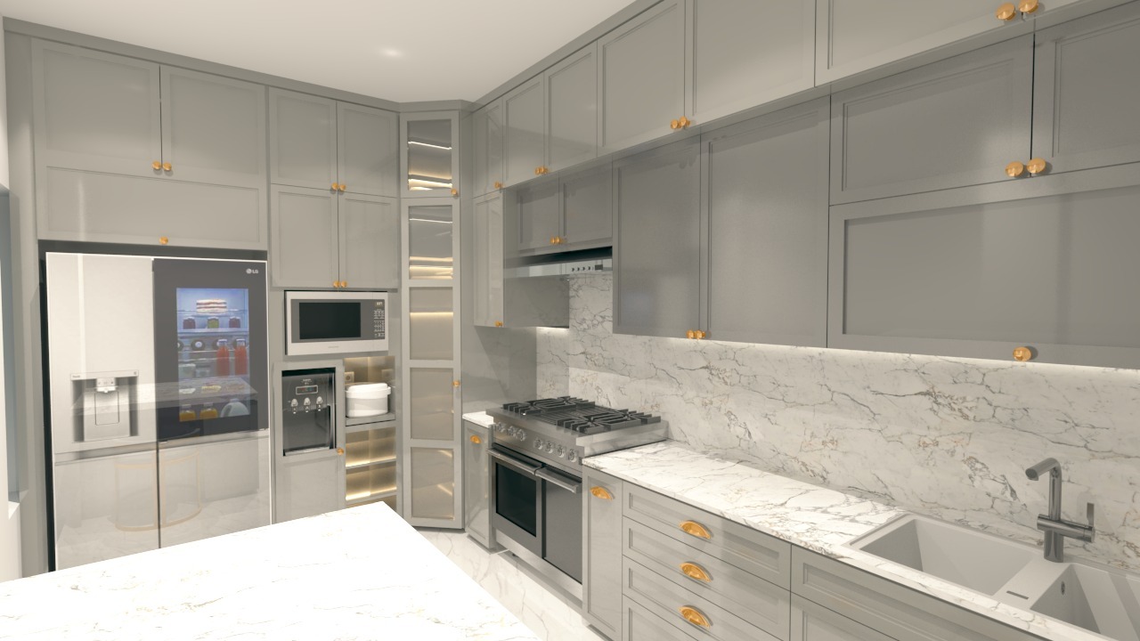 A blend of contemporary design, elegant colors, and luxurious details creates a modern, comfortable, and timeless kitchen.