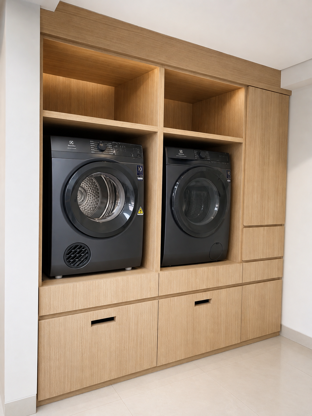Modern oak laundry cabinetry, laundry room design, built-in laundry cabinet, modern laundry room, oak cabinetry, minimalist laundry room, functional storage.