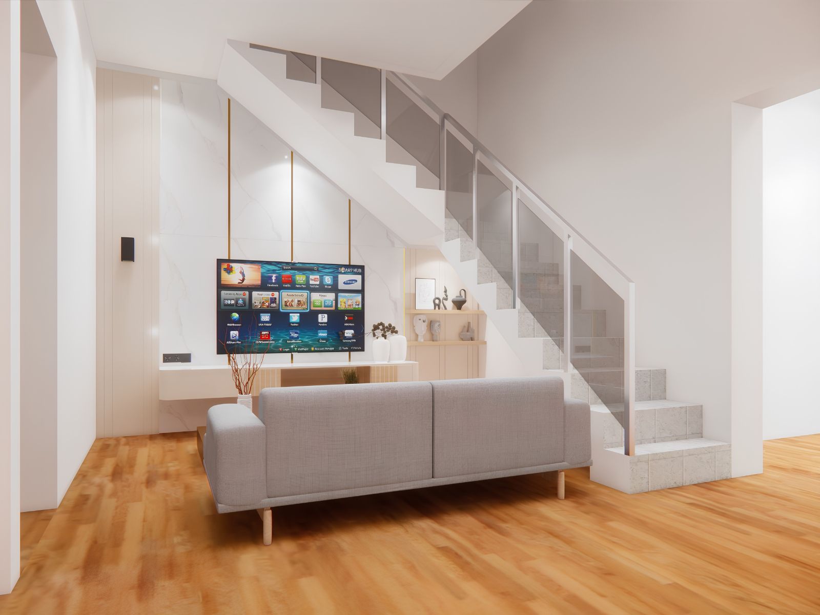 Design inspiration for a TV area under the stairs featuring a modern minimalist concept, a blend of marble, wood accents, LED lighting, and elegant decor.