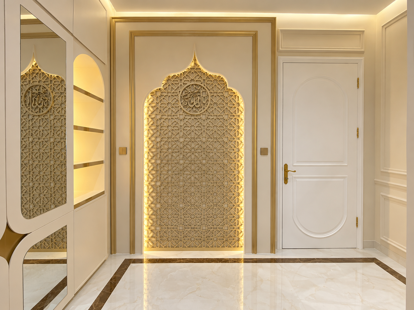 A prayer room featuring a blend of Islamic ornaments, elegant colors, and warm lighting that creates an atmosphere of reverence and comfort.