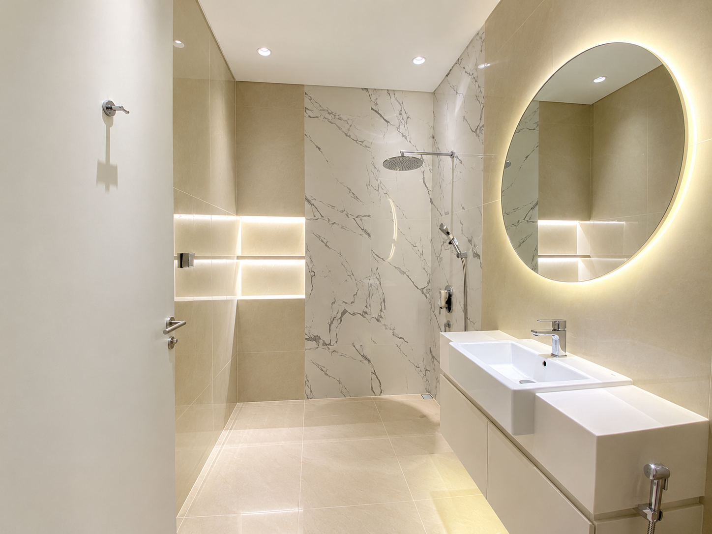 Discover the beauty of luxury minimalist bathroom design, where elegance meets simplicity. This stunning modern bathroom features warm beige tones, beautiful marble textures, a stylish floating vanity, and a round LED mirror that creates a soft, relaxing atmosphere. Every detail is carefully designed to bring comfort, functionality, and timeless sophistication into your home. 