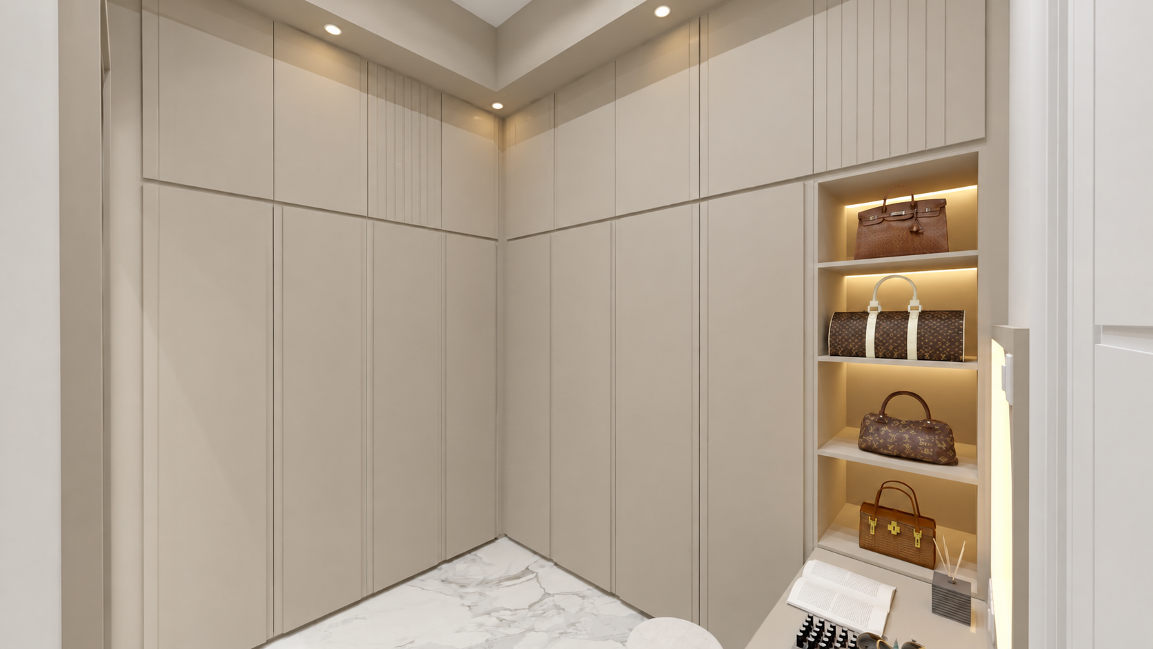 Smart & Elegant Walk-In Closet: a modern walk-in closet design featuring a functional layout, maximum storage, and an elegant look—creating a space that is both organized and comfortable.