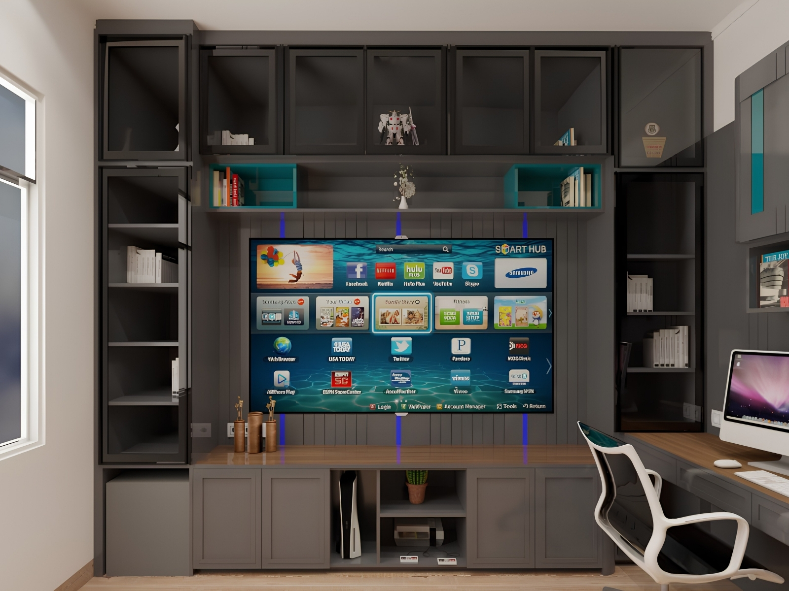 A blend of an entertainment area and a study space within a single modern design. Featuring built-in cabinets, a TV backdrop, and a functional work desk, it creates a comfortable environment for both relaxation and productivity.