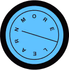 Blue circle with black border containing the phrase 'LEARN MORE' arranged along the edge, with a diagonal line crossing inside.