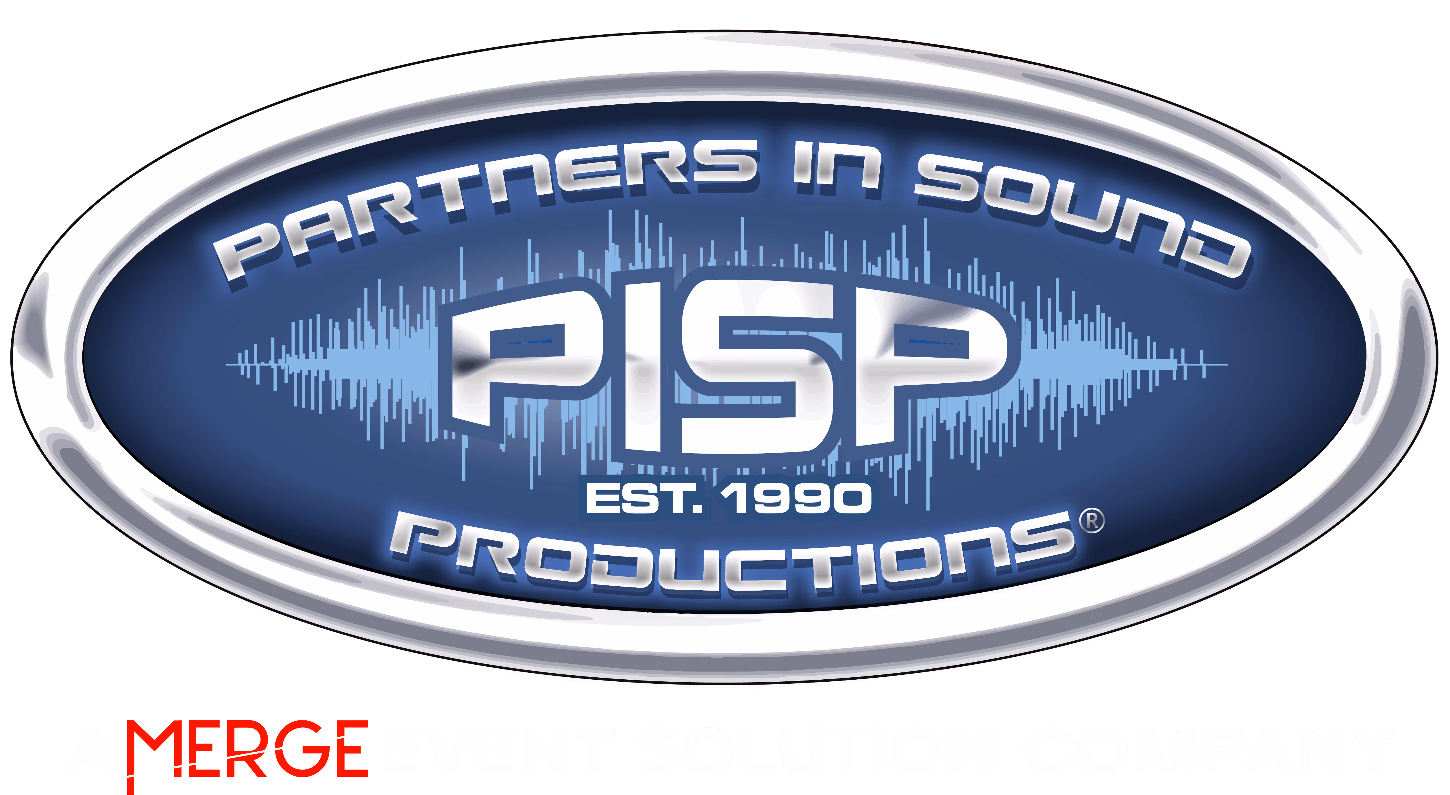 Oval logo with blue background and silver border showing 'Partners in Sound Productions EST. 1990' and text below stating 'A MERGE Event Solution Company'.
