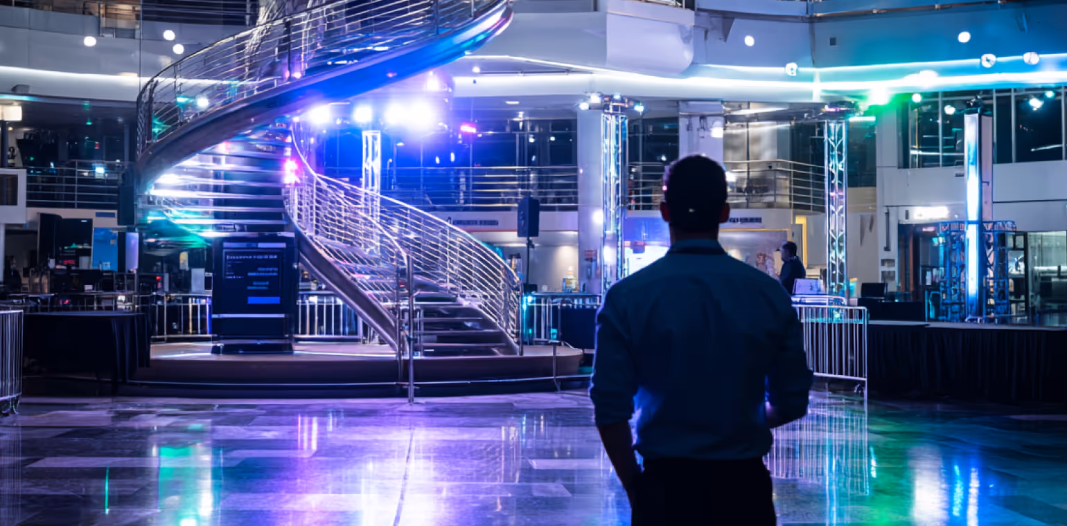 Man standing inside a modern building with a spiral staircase illuminated by blue and purple lights.