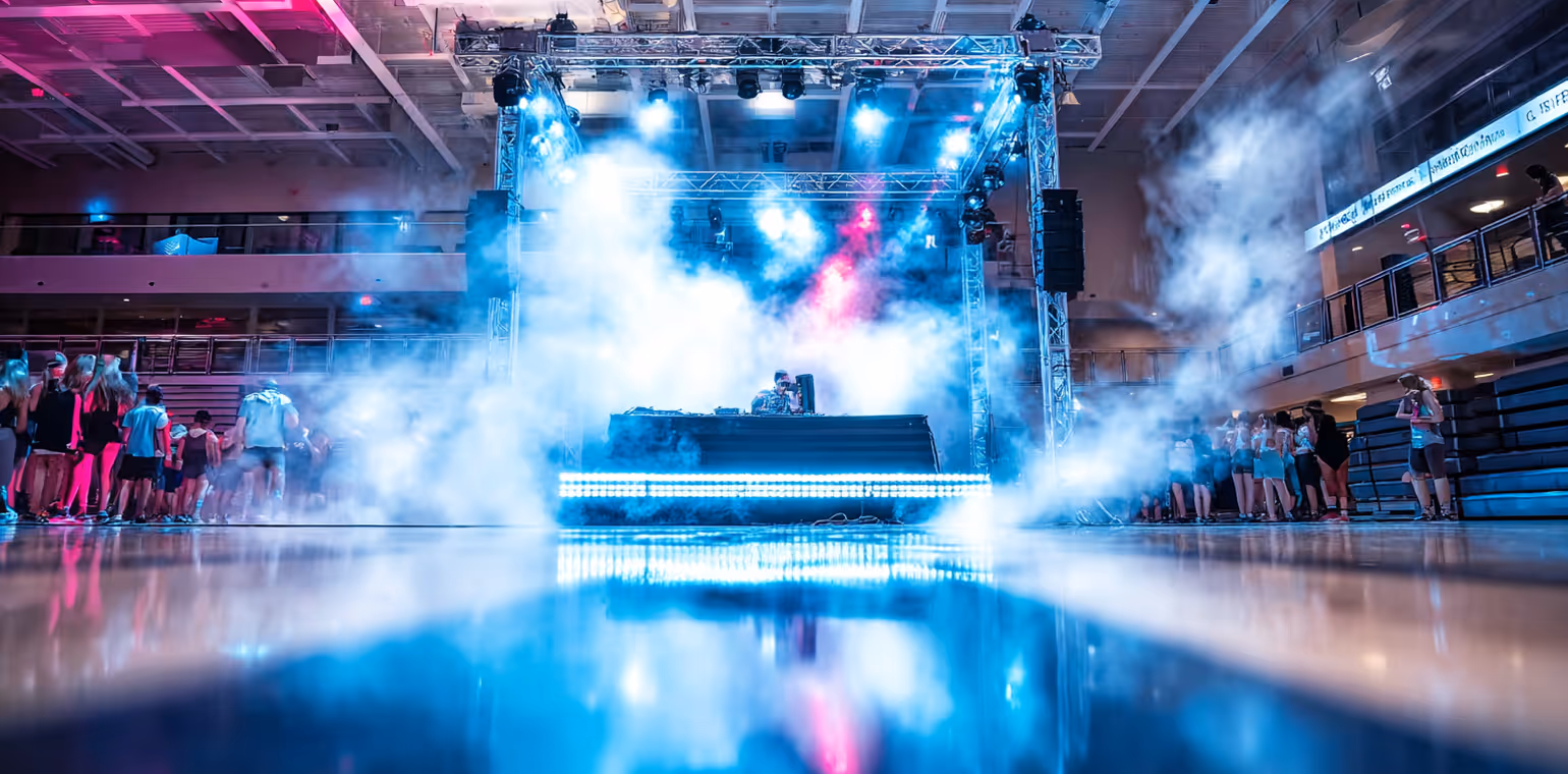 DJ performing on elevated stage with blue and pink lights and fog in an indoor venue with a crowd along the sides.