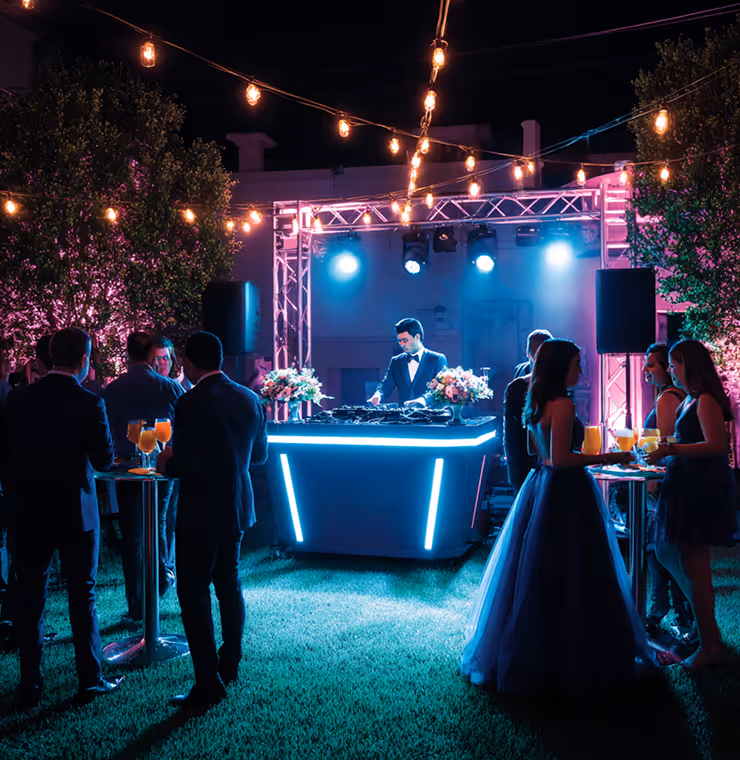 Evening outdoor party with a DJ playing music at a glowing console and guests dressed in formal attire mingling under string lights.