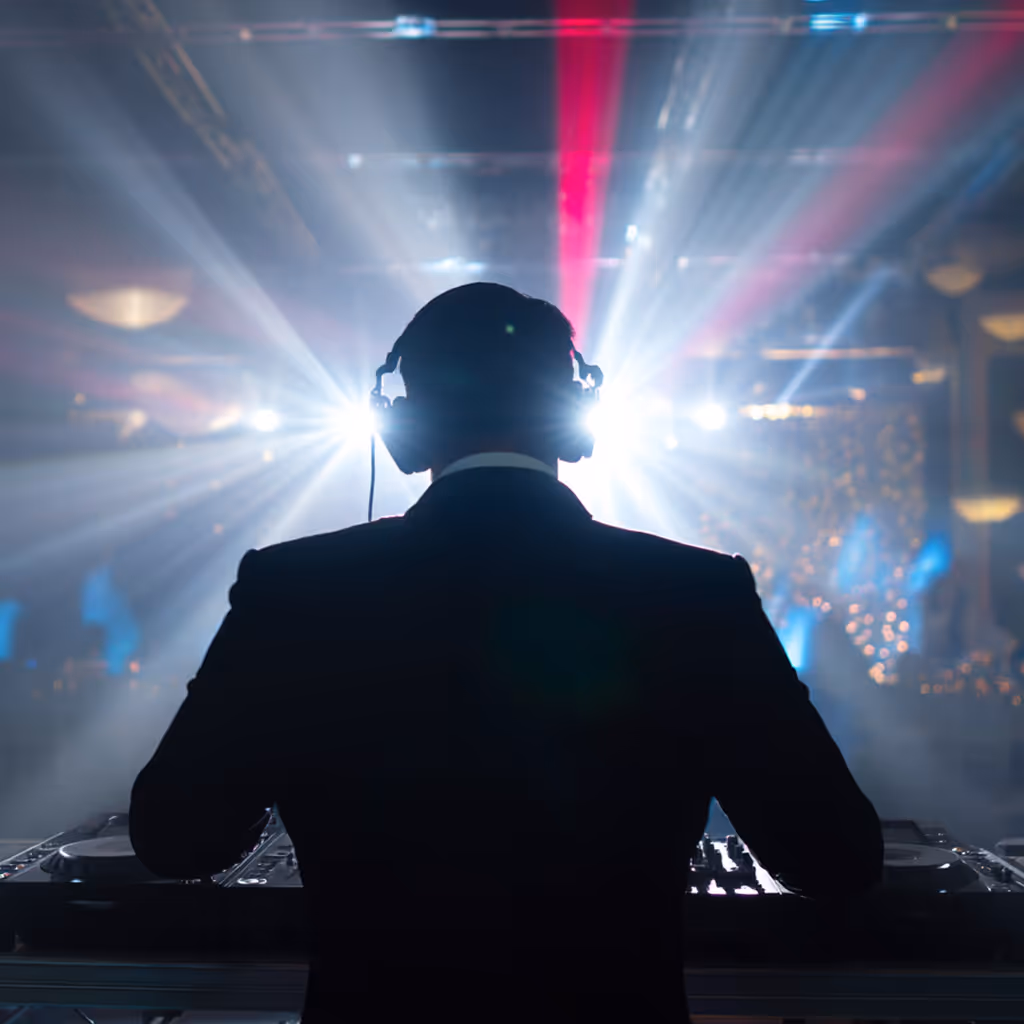 Silhouette of a DJ wearing headphones performing with bright stage lights and fog in the background.