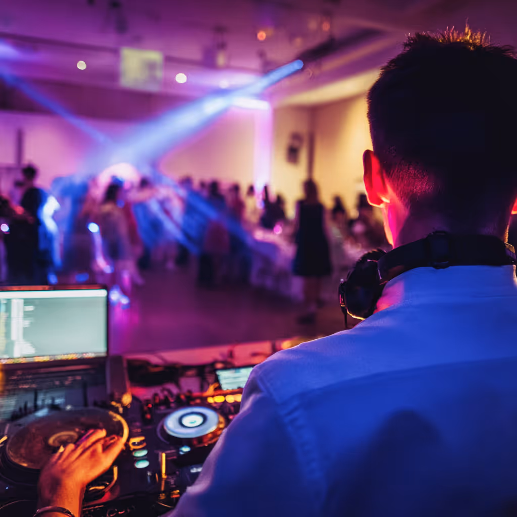 DJ adjusting equipment with headphones around neck in a dimly lit club with colorful lights and a dancing crowd.