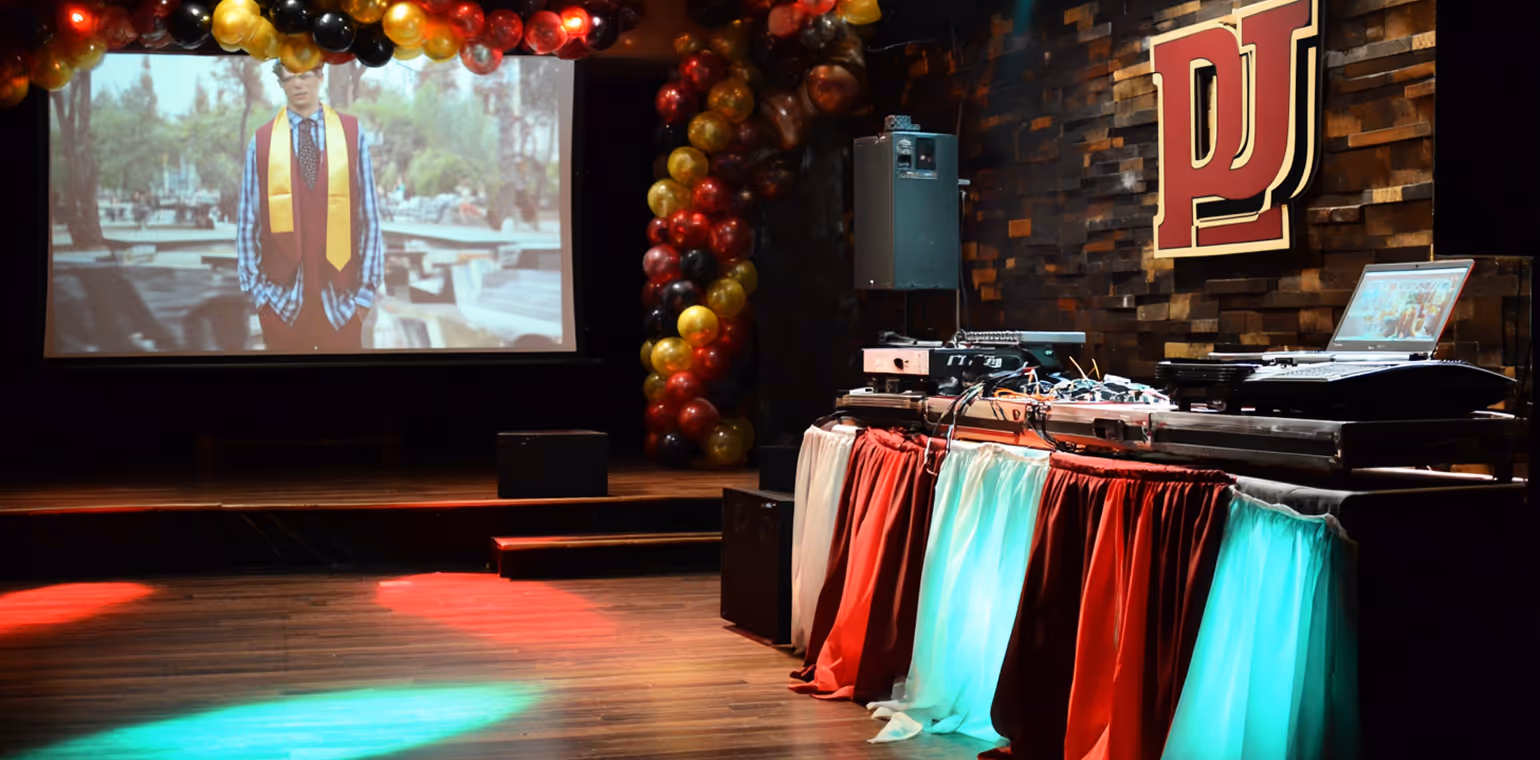 DJ setup with laptop and mixers on a decorated table in front of a screen displaying a person wearing a graduation stole and tie, with colorful balloons overhead.