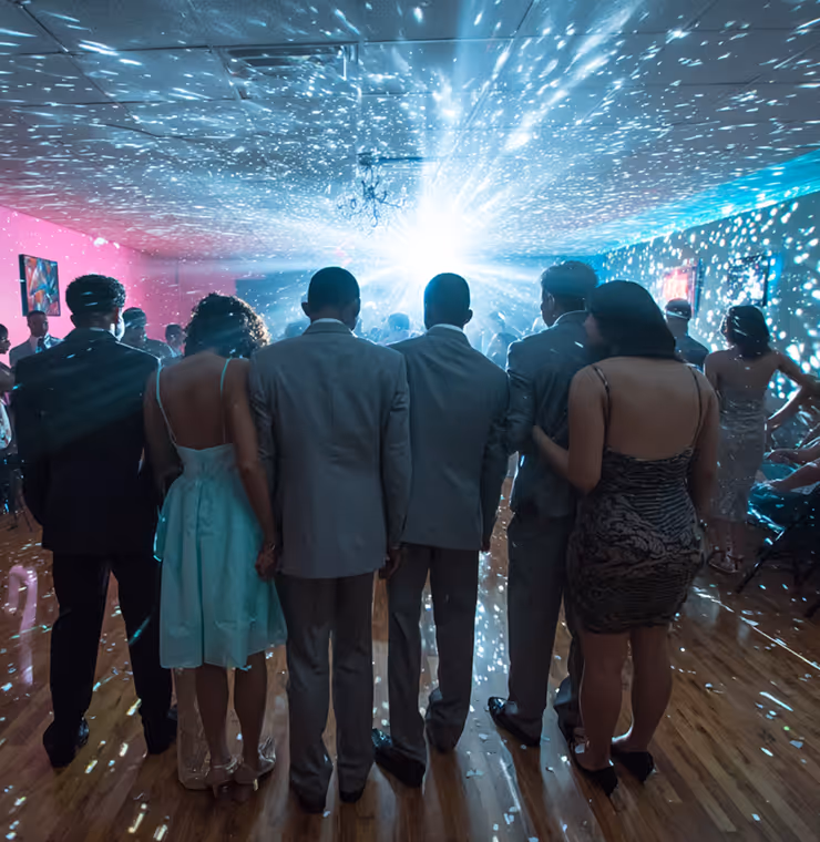 Group of young adults in formal attire standing together, facing a bright light with disco reflections in a party setting.