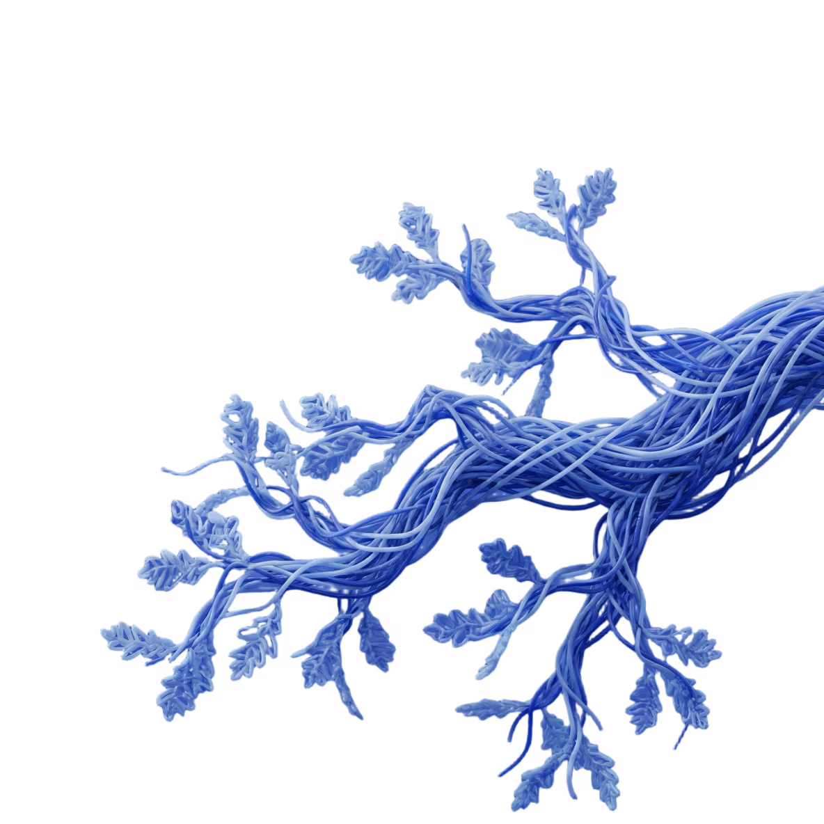 Blauer industrieller Kabelbaum, der Ästen mit Blattform ähnelt, vor schwarzem Hintergrund.