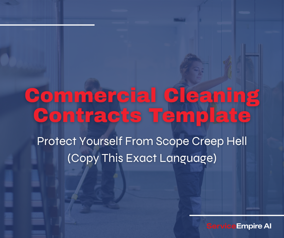 commercial cleaners cleaning an office, navy overlay, with words "commercial cleaning contracts template"