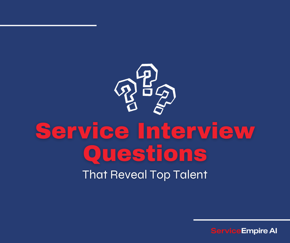 navy background, 3 question marks icon, with words "service interview questions" on top