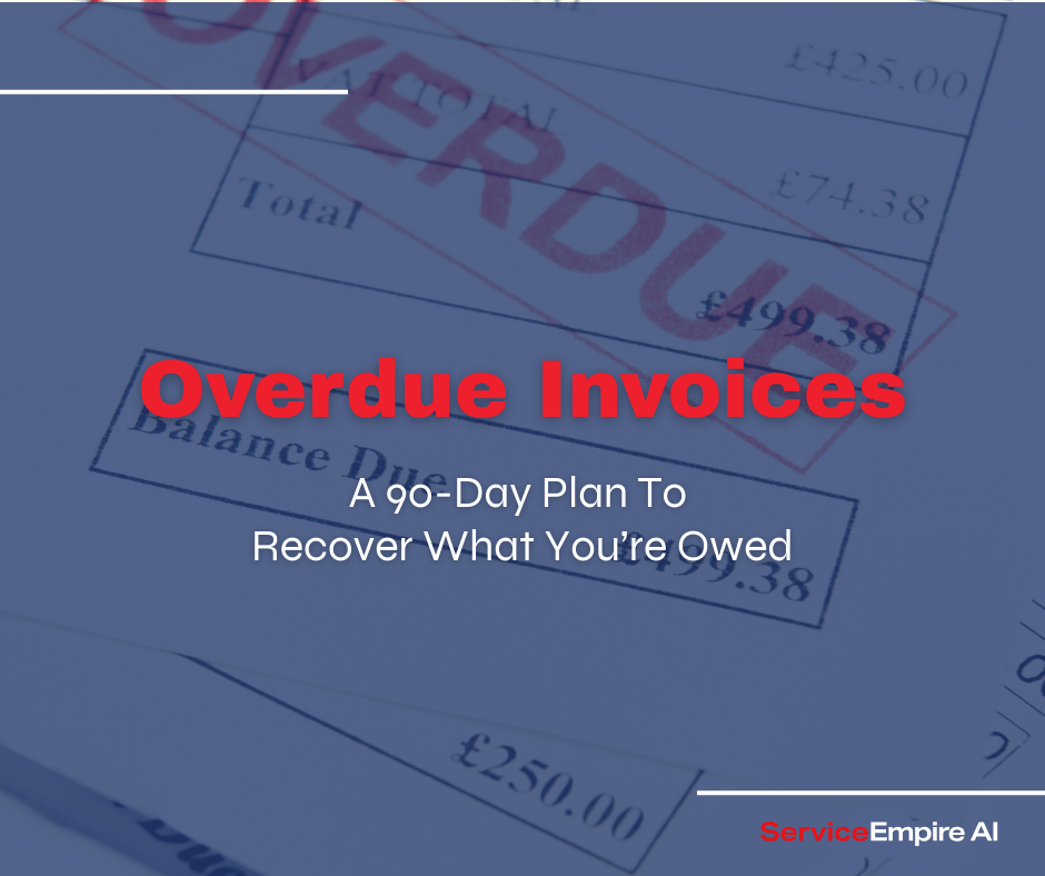 overdue invoices on desk, navy overlay, with words "overdue invoices"