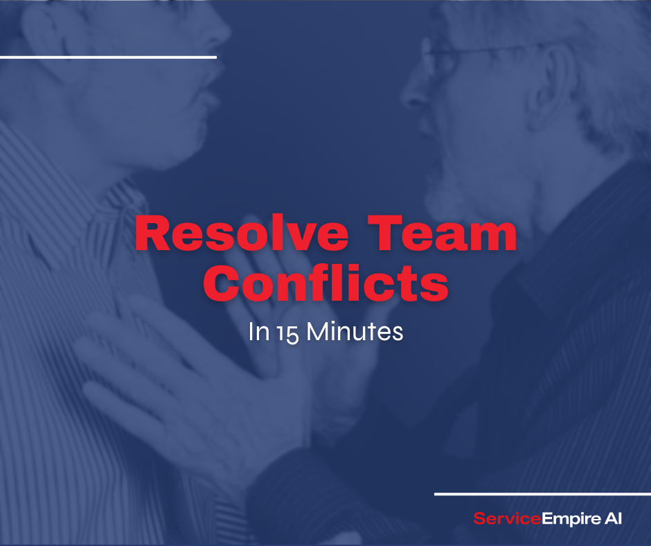 two teammates having a conflict, navy overlay, with words "resolve team conflicts" on top