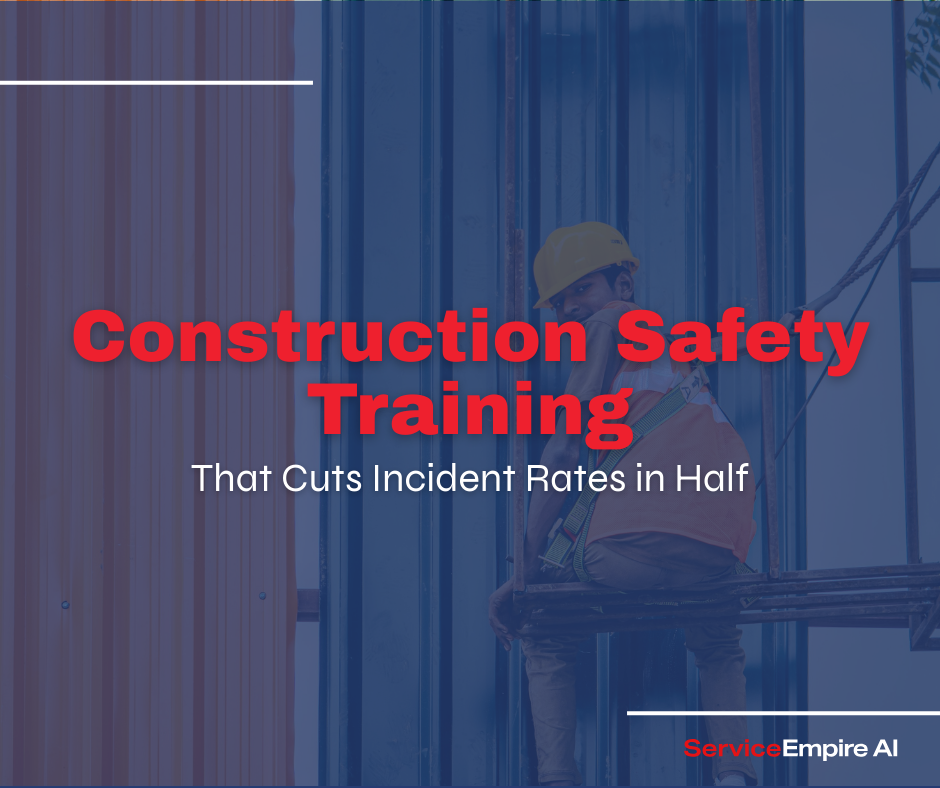 construction worker on scaffolding, navy overlay, with words "construction safety training"