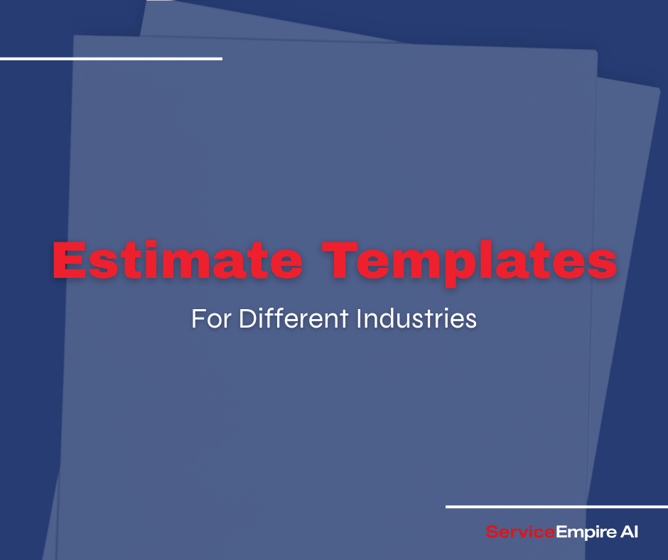 stack of blank paper estimates, navy overlay, with words "estimate templates for different industries"