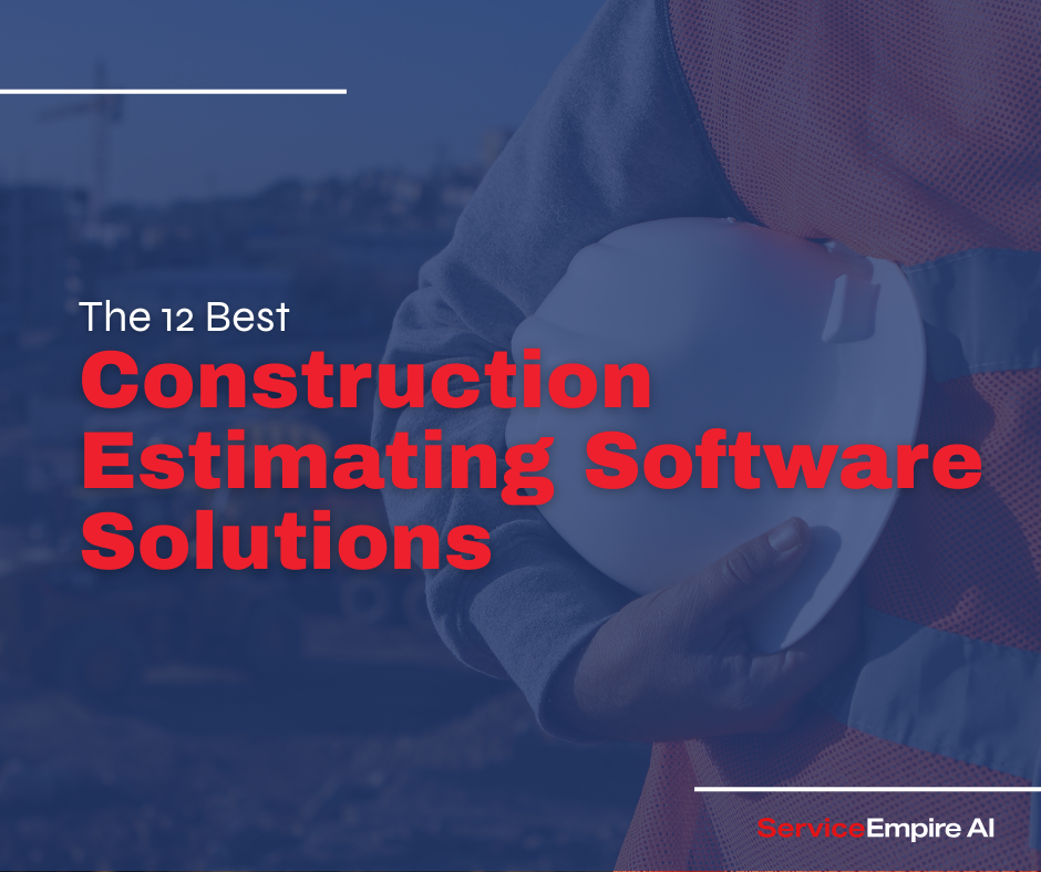 construction worker carrying helmet, navy overlay, with words "construction estimating software solutions"