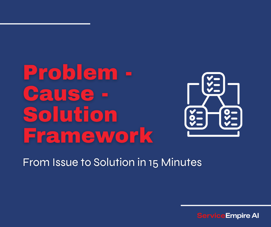 navy background, framework icon, with words "problem cause solution framework"