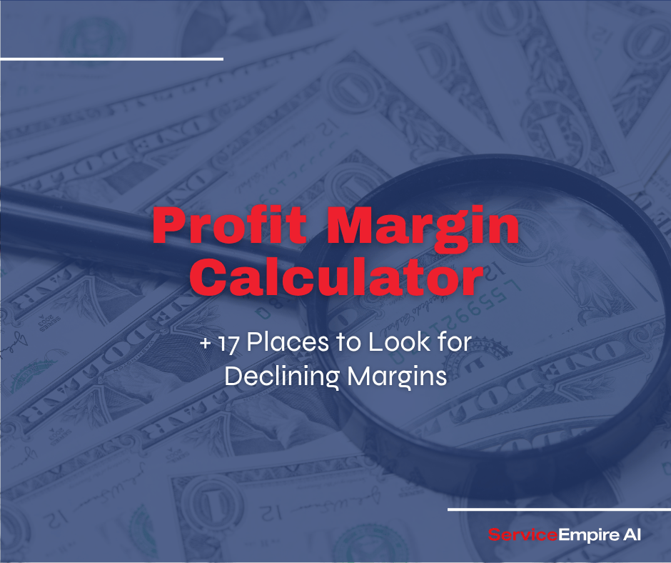 magnifying glass on stack of money, navy overlay, with words "profit margin calculator"