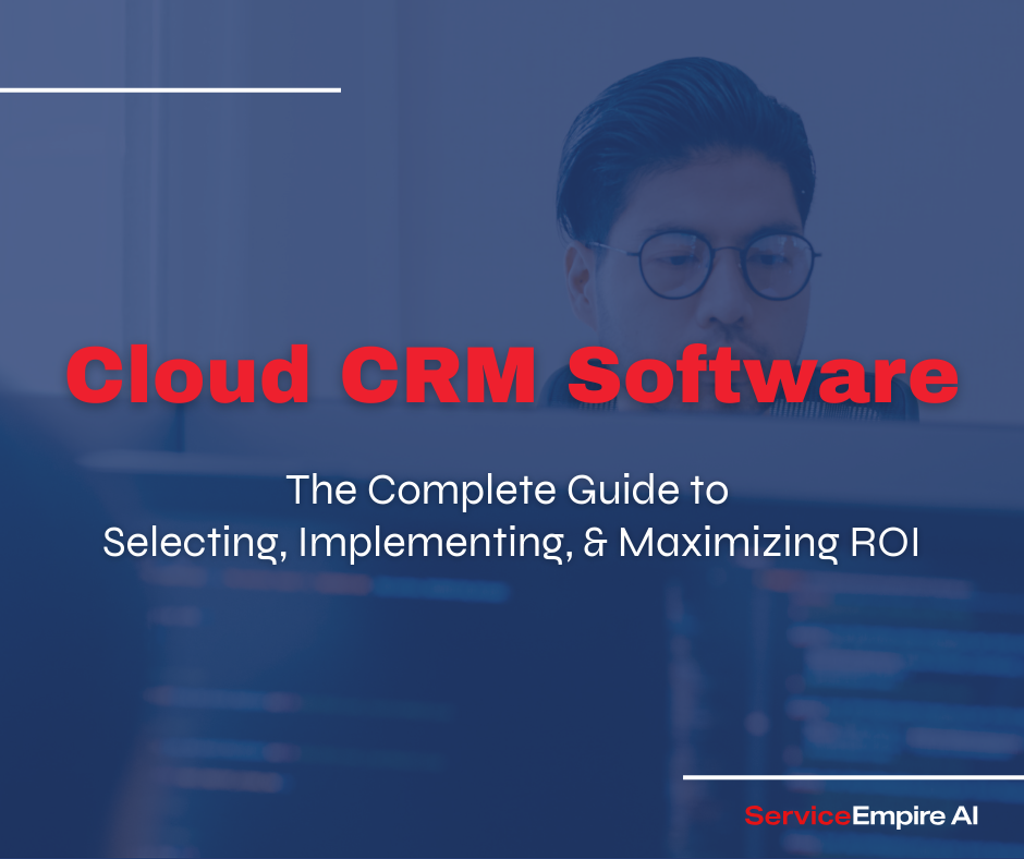 service manager working on computer, navy overlay, with words "cloud CRM software" on top