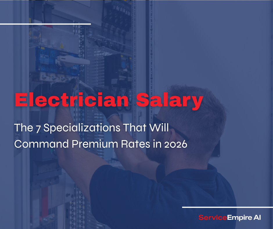 electrician working on electrical unit, navy overlay, with words "electrician salary"