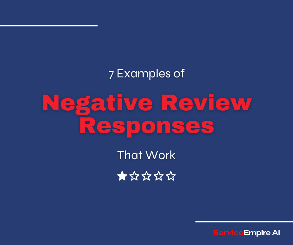 navy background, 1 of 5 stars icon, with words "negative review responses"