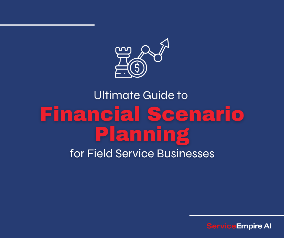 navy background, chess piece with financial graph icon, with words "financial scenario planning for field service businesses"