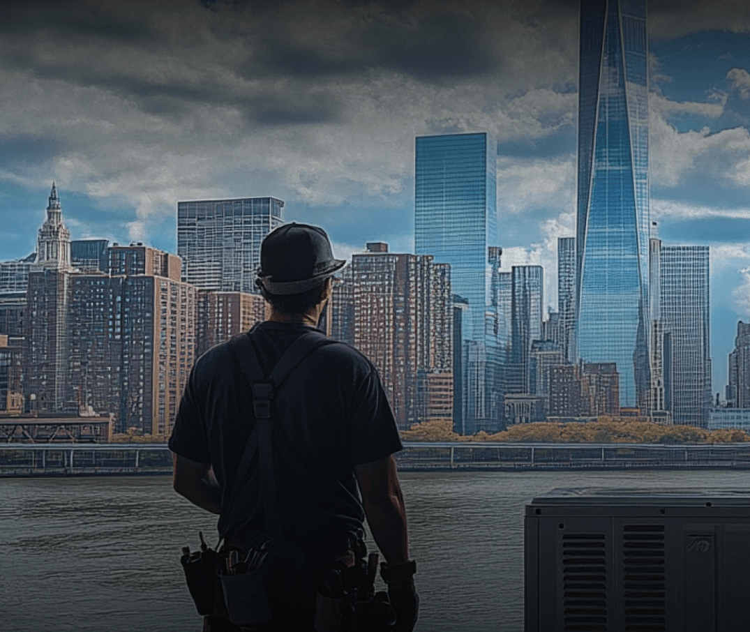 contractor pausing work to look at cityscape
