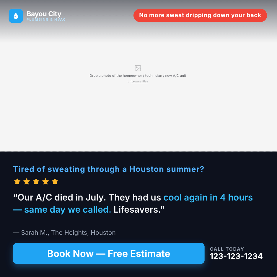 ad example for plumber using customer story and testimonial